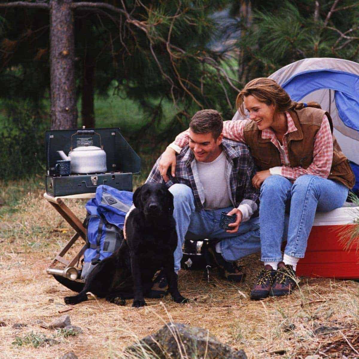 A family and dog camping